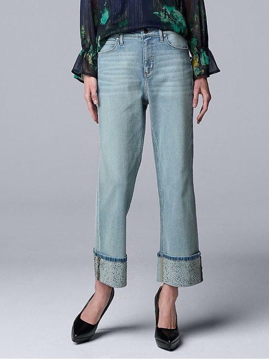 Simply Vera Vera Wang Denim - Simply Vera Light Blue Wide Leg Jeans w/ Embellished Cuffs Women's 12 Petite